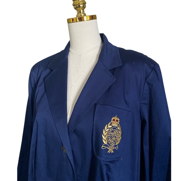 Ralph Lauren Women’s Navy Blue Crest Patch Classic Cotton Blazer Size 2X Preppy - Picture 4 of 8